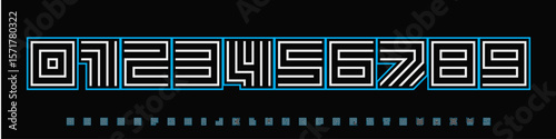 Font Logo Numbers Numeric Alphabet Typography Design Vector Type Typeface. Modular techno digits with maze-like grid, neon-outlined intensity for esports titles, sci-fi UI, arcade, futuristic stream.