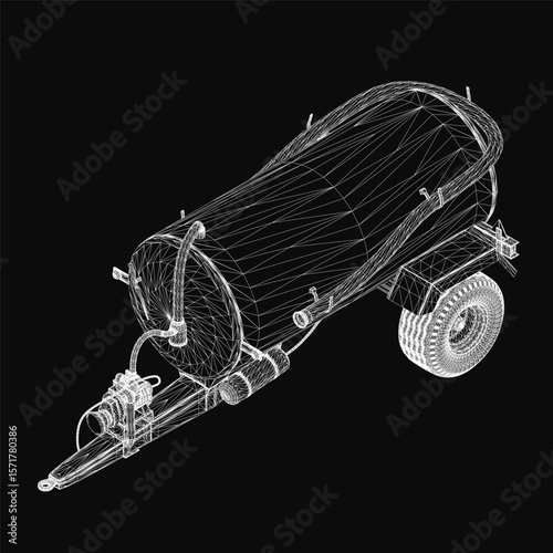 A 3D wireframe model of a concrete mixer trailer with detailed tank, wheels, and handlebars on a black background. The design highlights the vehicle's structure and mechanical components.