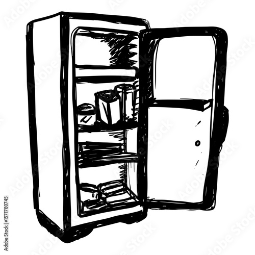 Hand-drawn open refrigerator with shelves and food items  