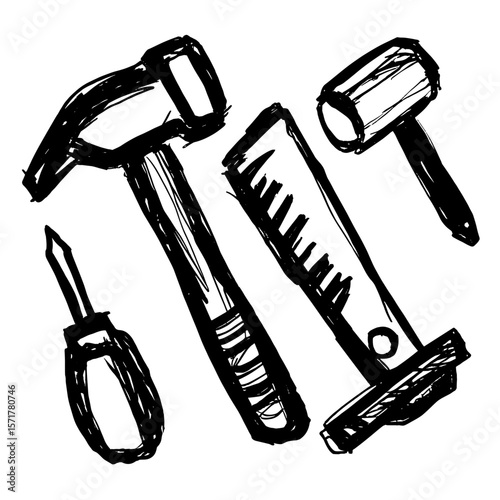 Hand tools including hammer, screwdriver, and ruler in sketch style  