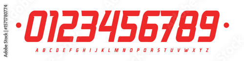 Font Logo Numbers Numeric Alphabet Typography Design Vector Type Typeface. Narrow slanted digits with sport tension for motorsport, esports, automotive, team jerseys, speed-driven branding.