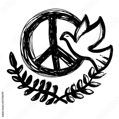 Peace symbol with dove and olive branch in minimalistic style  