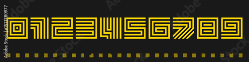 Modular numeric font, abstract maze grid numbers and letters, coded techno structure for futuristic poster visuals, NFT mood, visual branding system, digital block digits. Vector typeset.