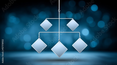 Blue background with a silver chain hanging from it. The chain has a series of squares hanging from it