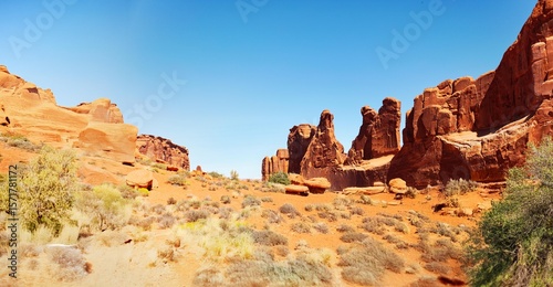 Rock walls and formations of beautiful Arches National Park in Utah