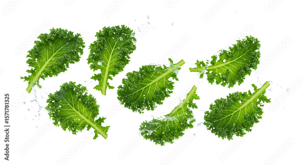 Fototapeta premium Fresh green lettuce leaves scattered artistically on a white background, highlighting their crisp texture and vibrant color