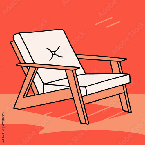 Modern wooden chair with white cushions on bright red background  