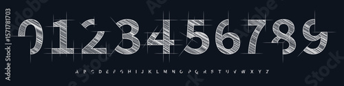 Technical Sketch Number Font, Blueprint Alphabet for architecture posters, engineering design, tech manuals, and mechanical branding. Perfect for drafts, UI, construction themes. Vector Illustration.
