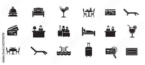 Hotel and Hospitality Service solid vector Icons Collection. Hotel service icon set. Hospitality symbol, room, service, booking, facilities and more. Solid icons vector collection.