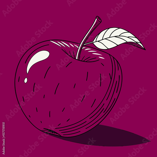 Red apple illustration with leaf on purple background  
