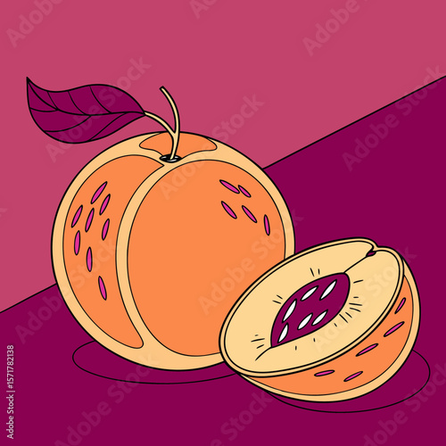 Peach fruit illustration with vibrant colors on purple background  