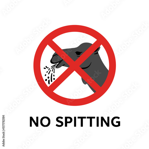 Prohibition sign against spitting with the image of a spitting camel. SVG on a transparent background, intended for public places and urban environments.