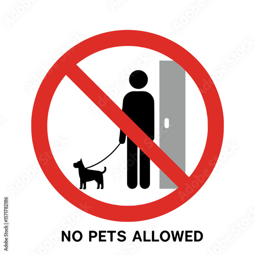 No pets allowed sign featuring person with dog at door. SVG on a transparent background, intended for public places and urban environment.