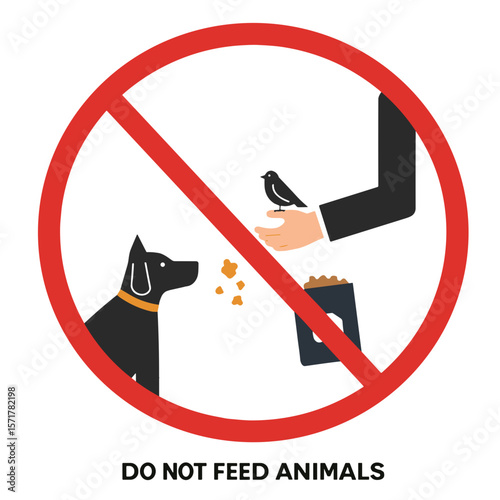 Prohibition sign against feeding animals with dog and bird illustration.  SVG on transparent background intended for public places and urban environment
