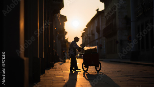 Fototapeta Naklejka Na Ścianę i Meble -  Silhouette of a street vendor pushing a cart on a cobblestone street during a golden sunset