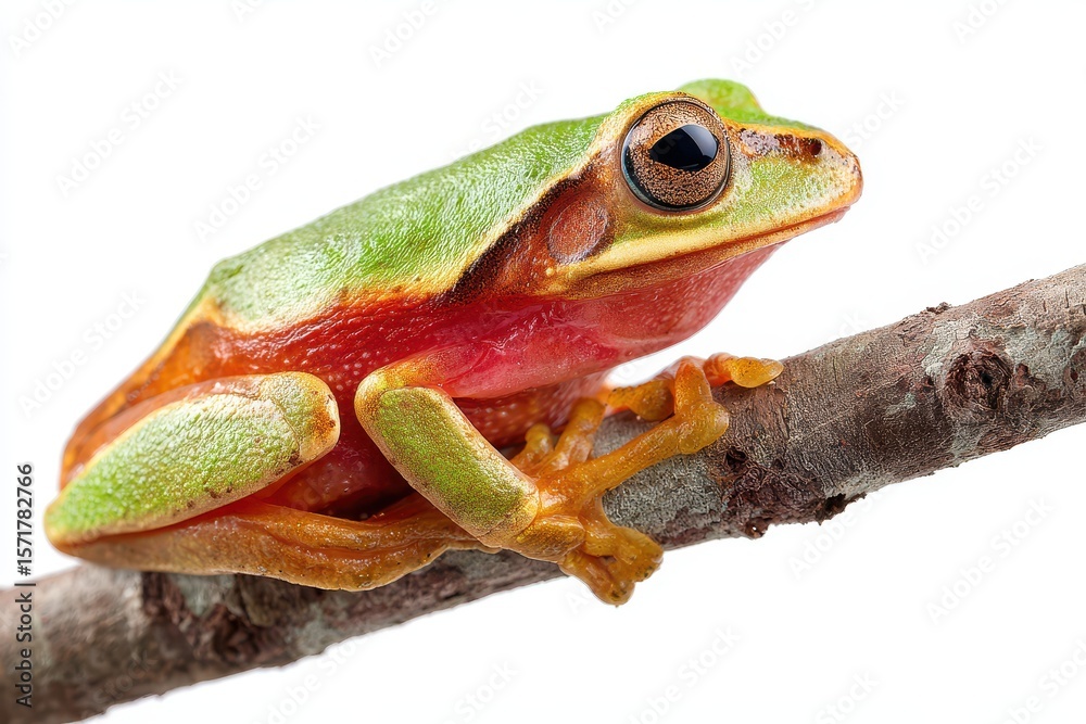 Obraz premium Vivid Green Tree Frog Perched on a Branch, Showcasing the Beauty of Nature and Wildlife
