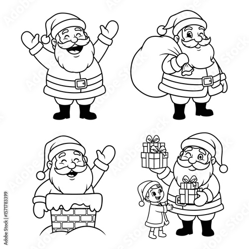 Cheerful Santa Claus Cartoon Set – Festive Christmas Characters with Gifts and Chimney