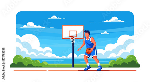 Adobe Illustrator artwork flat style illustration of a basketball player dribbling a ball on an outdoor court with a hoop, bushes, and a bright sky in summer beach