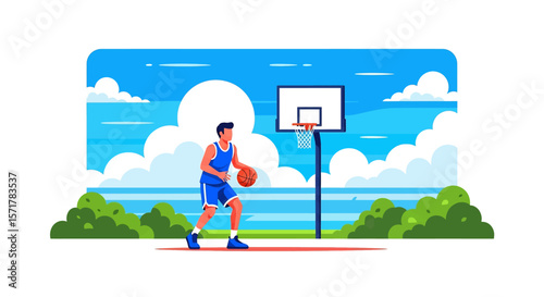 Adobe Illustrator artwork flat style illustration of a basketball player dribbling a ball on an outdoor court with a hoop, bushes, and a bright sky in summer beach