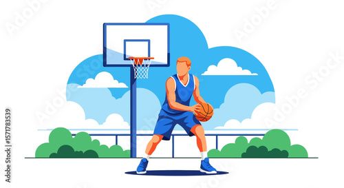 Adobe Illustrator artwork flat style illustration of a basketball player dribbling a ball on an outdoor court with a hoop, bushes, and a bright sky in summer beach