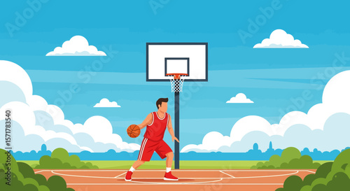 Adobe Illustrator artwork flat style illustration of a basketball player dribbling a ball on an outdoor court with a hoop, bushes, and a bright sky in summer beach