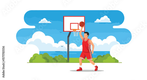 Adobe Illustrator artwork flat style illustration of a basketball player dribbling a ball on an outdoor court with a hoop, bushes, and a bright sky in summer beach
