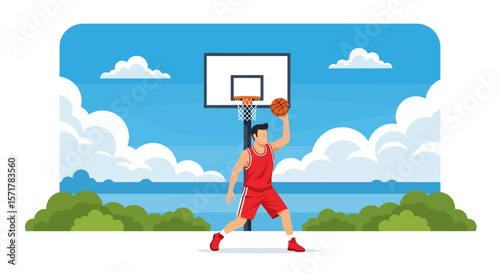 Adobe Illustrator artwork flat style illustration of a basketball player dribbling a ball on an outdoor court with a hoop, bushes, and a bright sky in summer beach