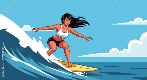 Adobe Illustrator artwork flat style illustration of a dynamic woman surfing a large wave, showcasing an exciting summer sport and beach lifestyle