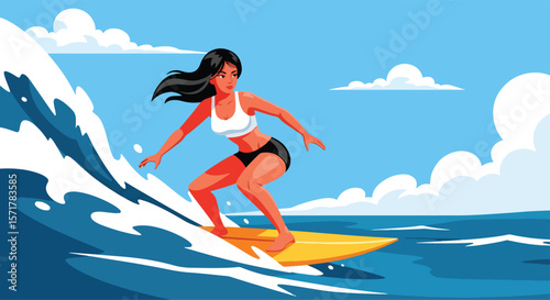 Adobe Illustrator artwork flat style illustration of a dynamic woman surfing a large wave, showcasing an exciting summer sport and beach lifestyle