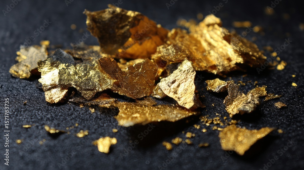 Pieces of edible gold leaf on black table, closeup Pieces of edible gold leaf on black table, closeup