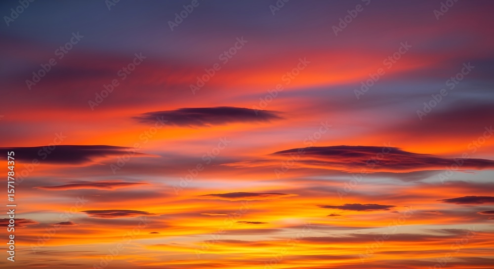 Fototapeta premium Dramatic Sunset Sky Orange Red Clouds Photo