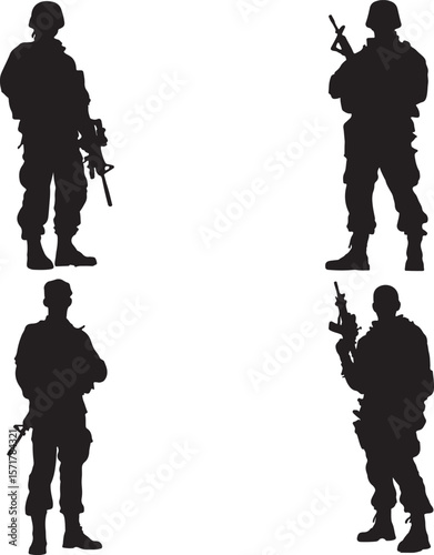 Silhouettes of Soldiers with Rifles in Various Poses for Military, Defense, and Combat Concepts – Ideal for Images of Armed Forces, Security, and Tactical Operations