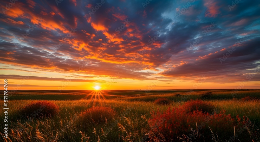 Fototapeta premium Prairie Grassland Sunset Dramatic Sky Landscape Photo