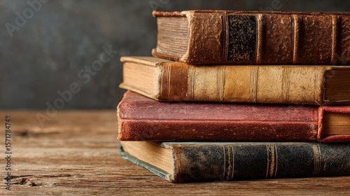 Stack of hardcover books on wooden background, closeup