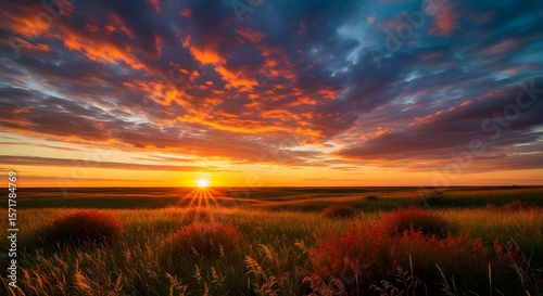 Prairie Grassland Sunset Dramatic Sky Landscape Photo