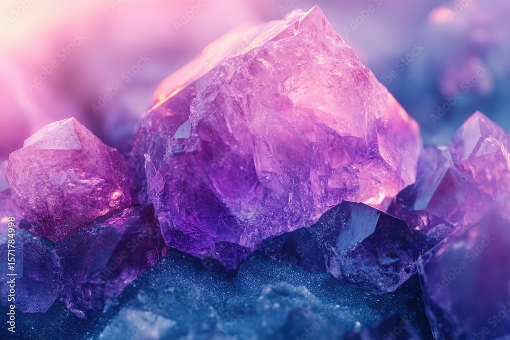 Fototapeta premium A close-up shows vibrant, textured amethyst crystals with striking color gradations from pink and purple to deep blue, evoking a mystical aura.