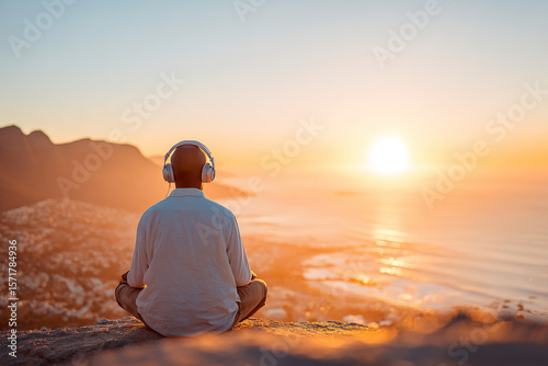 Obraz na płótnie Traveler performs sunrise reset ritual on a mountain overlooking the ocean