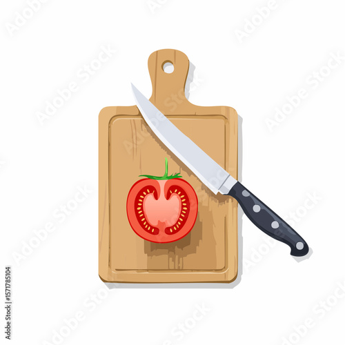 Cutting board with knife – Wooden board with a chef’s knife and sliced tomato.

