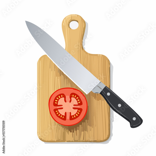 Cutting board with knife – Wooden board with a chef’s knife and sliced tomato.

