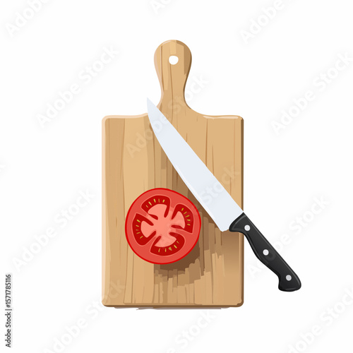 Cutting board with knife – Wooden board with a chef’s knife and sliced tomato.

