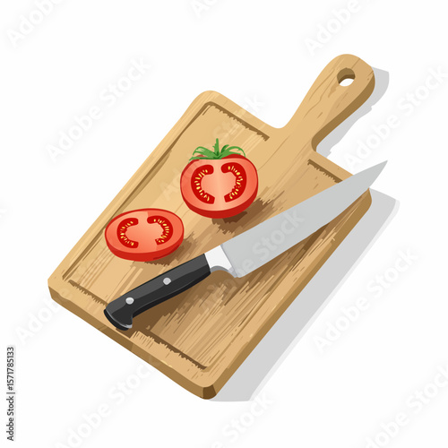 Cutting board with knife – Wooden board with a chef’s knife and sliced tomato.

