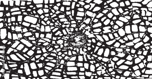 Monochrome texture composed of irregular graphic elements. Distressed uneven grunge background. Abstract vector illustration. Overlay for interesting effect and depth. Isolated on white background.