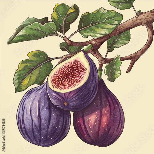 Postcard fig branch with fruits, leaves