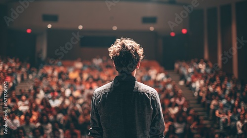 Speaker facing large audience