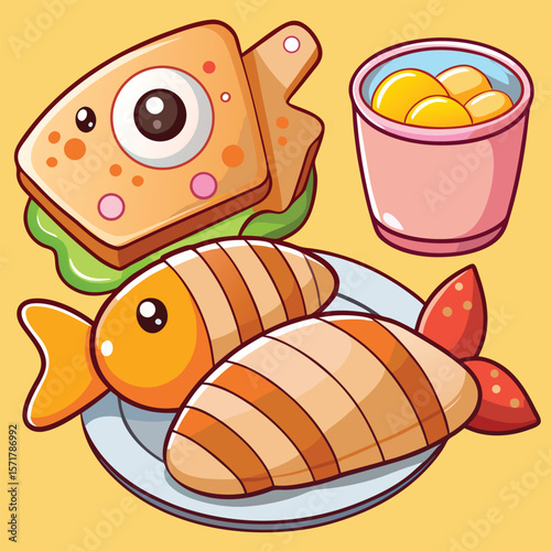 Two Cute Cartoon Illustrations Depicting a Breakfast Scene Featuring a Fish Shaped Sandwich Orange Fish Shaped Treats and