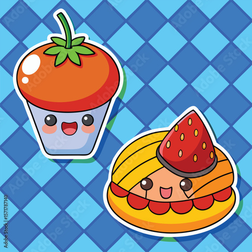 Two Cute Cartoon Food Illustrations Orange Tomato Cupcake and Strawberry Cream Puff Blue Diamond Background