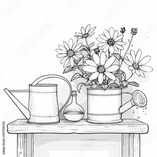 coloring page with plants on a shelf, flowers in pots, watering can, vector, black and white style, lines