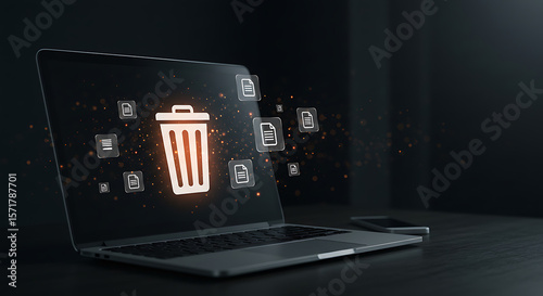 Laptop displaying digital trash bin and files delete