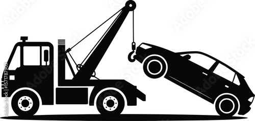 Silhouette of Tow Truck Lifting Car – Black Vector Vehicle Recovery Illustration