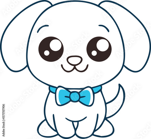 Cute cartoon puppy with blue bowtie. Kawaii dog character vector illustration.
